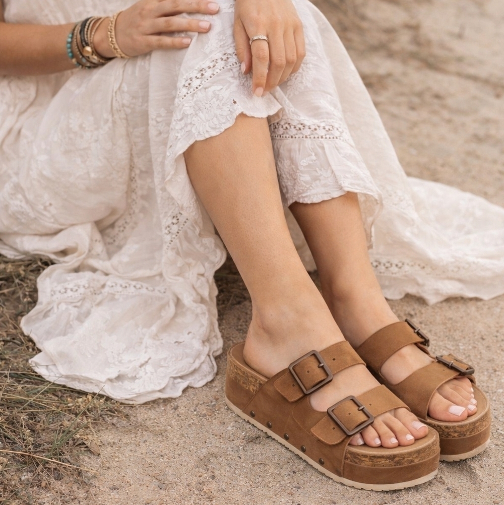 Altar’d State Serenna Platform Slide Sandals Size 9 Brown Double Buckle Boho